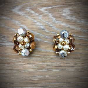 Vintage Bead Cluster Clip-On Earrings - Pearl